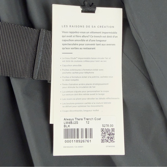 Lululemon NWT Women's Size 12 Always There Trench Coat W4BJ2S Style Number - Picture 3 of 16